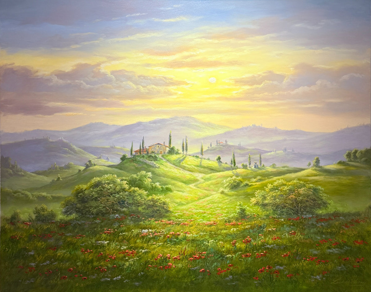 Kai Lichtenberg, Hügel und Zypressen im Abendlicht, Originalgemälde Öl auf Leinwand, 80 x 100 cm