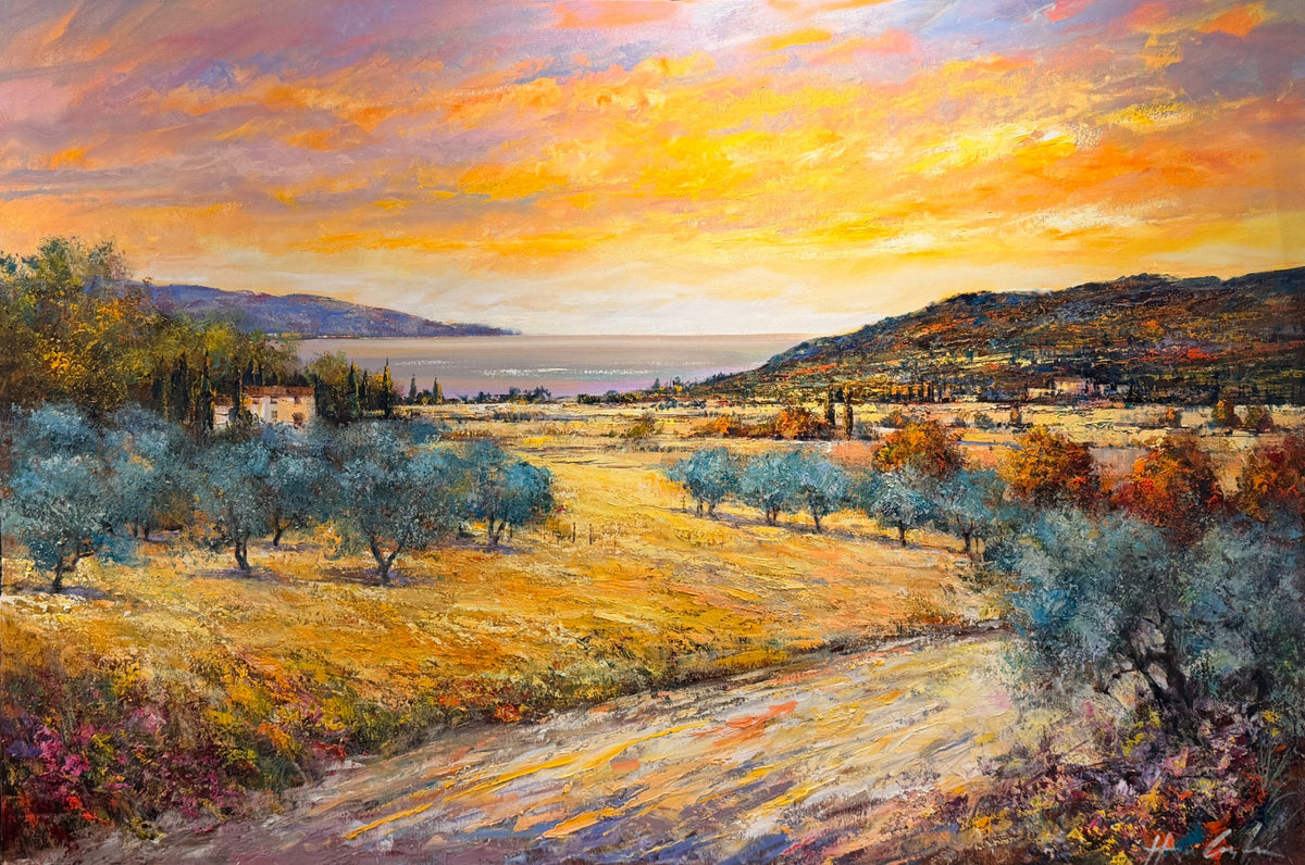 Christian Henze – Goldene Stunde am Gardasee, Olivenhain und Seeblick, Öl auf Leinwand, 100 × 150 cm