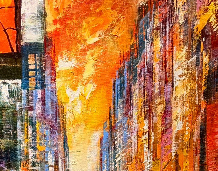 Christian Henze – Großstadtpuls, Detail der Pinselstruktur und Ölfarbe, Öl auf Leinwand – Galerie Vogel Heidelberg