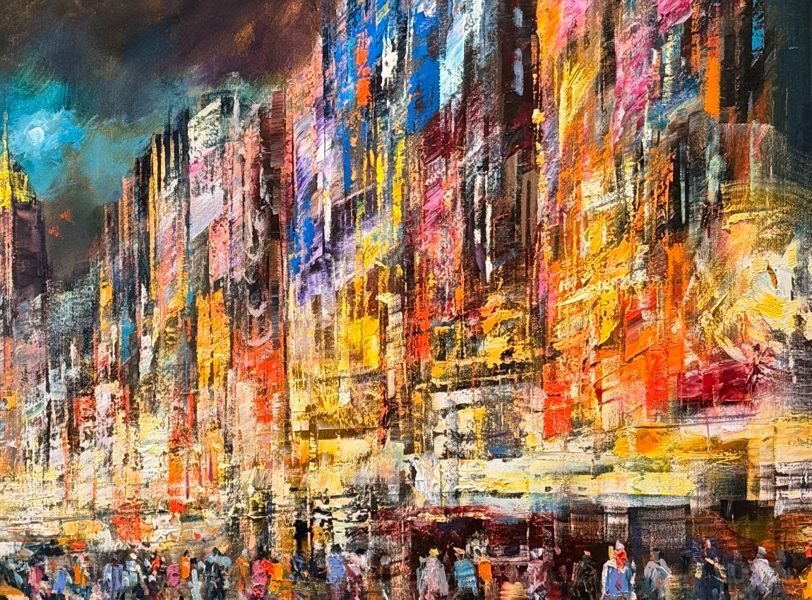Christian Henze – Neonregen in Manhattan, Detail der Bildkomposition, Öl auf Leinwand – Galerie Vogel Heidelberg