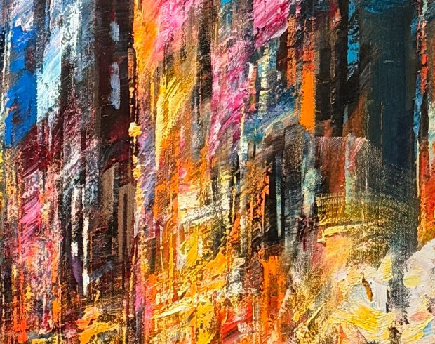 Christian Henze – Neonregen in Manhattan, Detail der Pinselstruktur und Ölfarbe, Öl auf Leinwand – Galerie Vogel Heidelberg