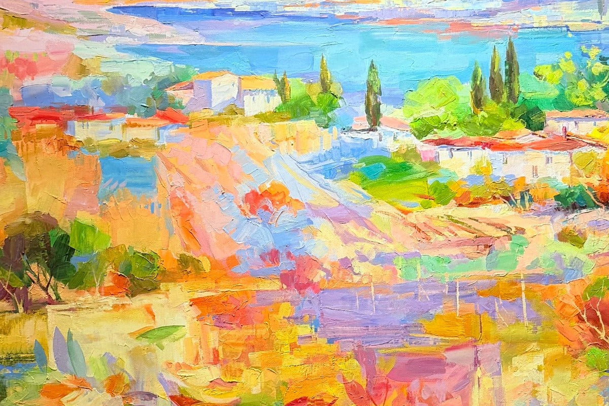 Inna Kirzik – Zwischen Zypressen und Meer, Detail mit Häusern, Zypressen und Meerblick
