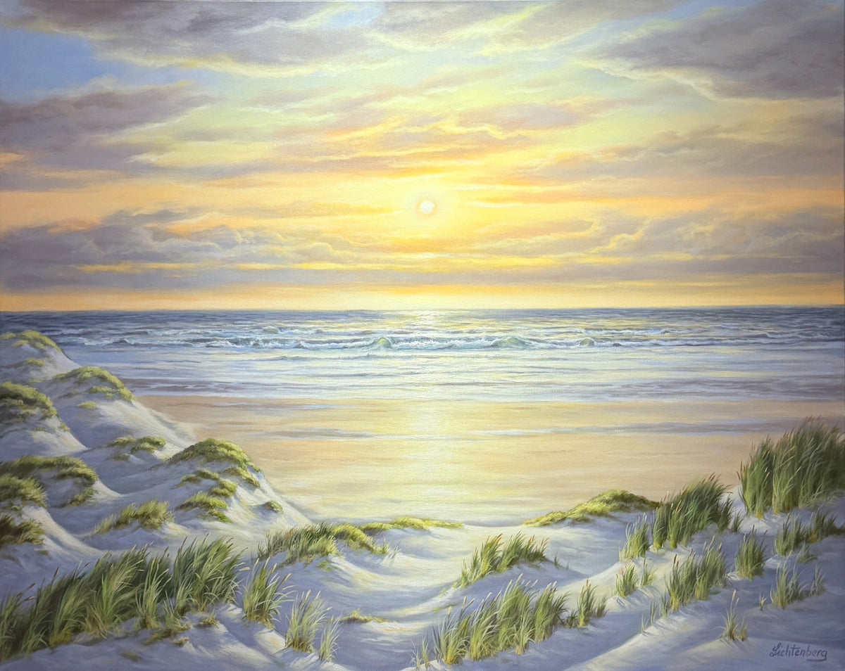 Kai Lichtenberg, Nordseestimmung mit Sanddünen und Sonnenlicht, Originalgemälde Öl auf Leinwand, 80 x 100 cm