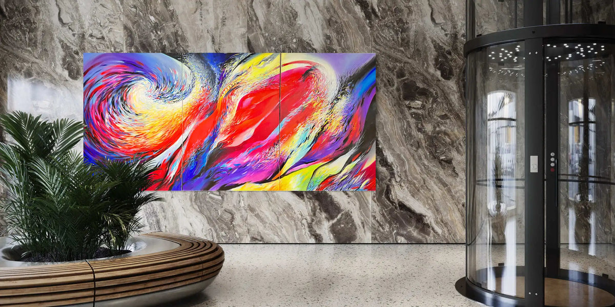 Gestaltungsbeispiel: Großformatige Kunst in einem modernen Empfangsbereich