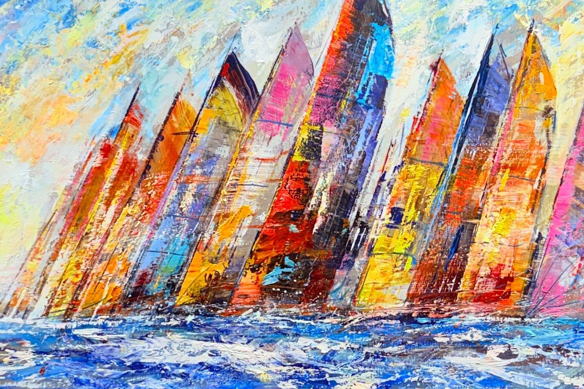 Christian Henze – Regatta im Farbenrausch, Detail der Segelregatta, Öl auf Aluminium