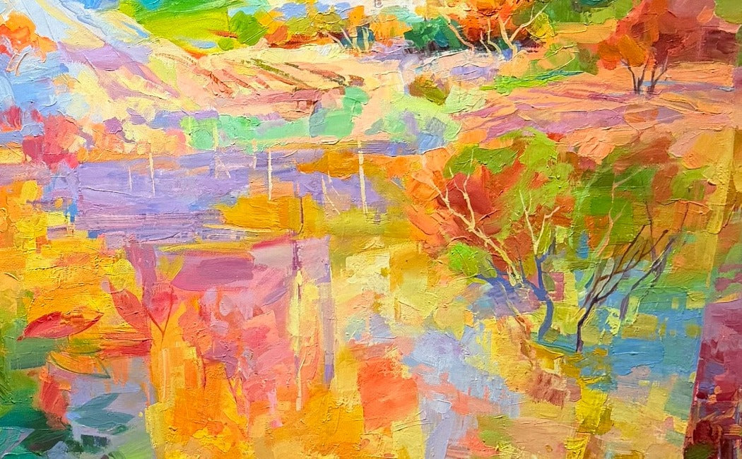 Inna Kirzik – Zwischen Zypressen und Meer, Detail der warmen Farbwirkung, Öl auf Leinwand